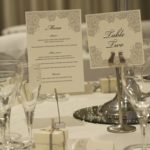 Close up of a name card and place setting at a wedding in The Lakeside Suite at Mercure Gloucester Bowden Hall Hotel