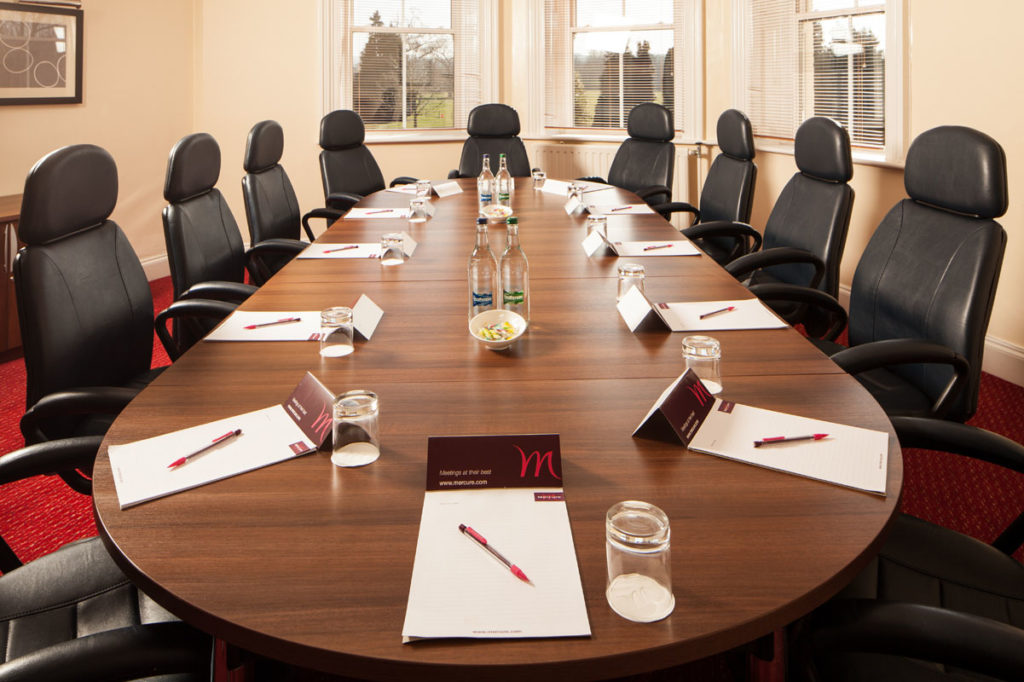 Table set for a meeting in Ashford room at Mercure Maidstone Great Danes Hotel