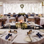 Tables set in blue for a wedding breakfast at Mercure Maidstone Great Danes Hotel